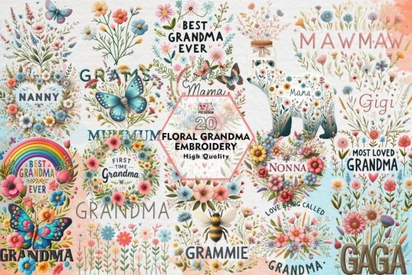 Floral Grandma Embroidery Clipart Bundle